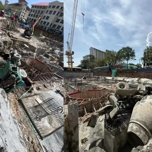 The truck is believed to have lost its balance and fell into the construction site.