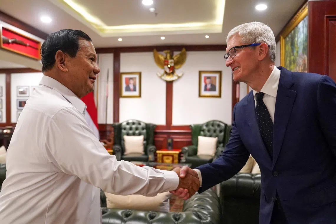 Indonesian president-elect Prabowo Subianto (left) meeting with Apple CEO Tim Cook in Jakarta on April 17.