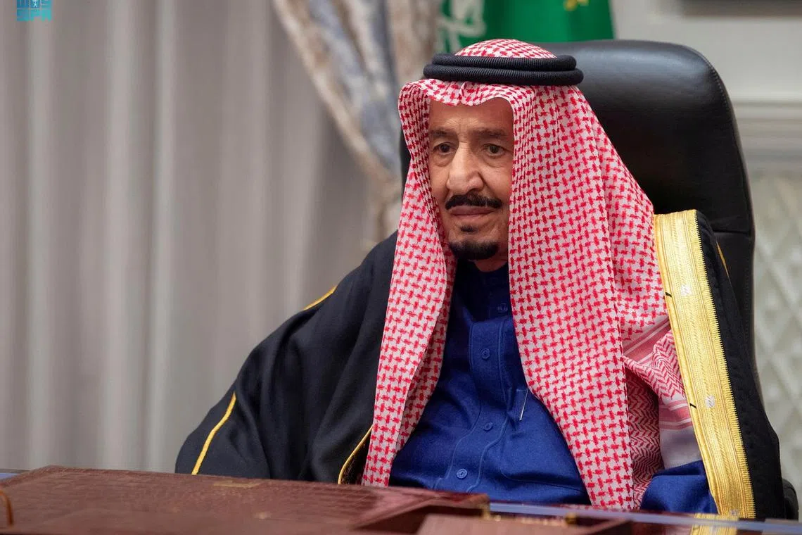Saudi King Salman bin Abdulaziz addresses the kingdom's advisory Shura Council from his royal palace in Neom, Saudi Arabia, December 29, 2021, Saudi Press Agency/Handout via REUTERS/File Photo