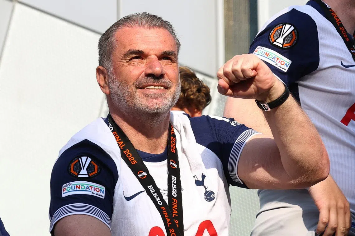 FILE PHOTO: Soccer Football - Europa League - Tottenham Hotspur Victory Parade - London, Britain - May 23, 2025   Tottenham Hotspur manager Ange Postecoglou during the victory parade Action Images via Reuters/Matthew Childs/File Photo