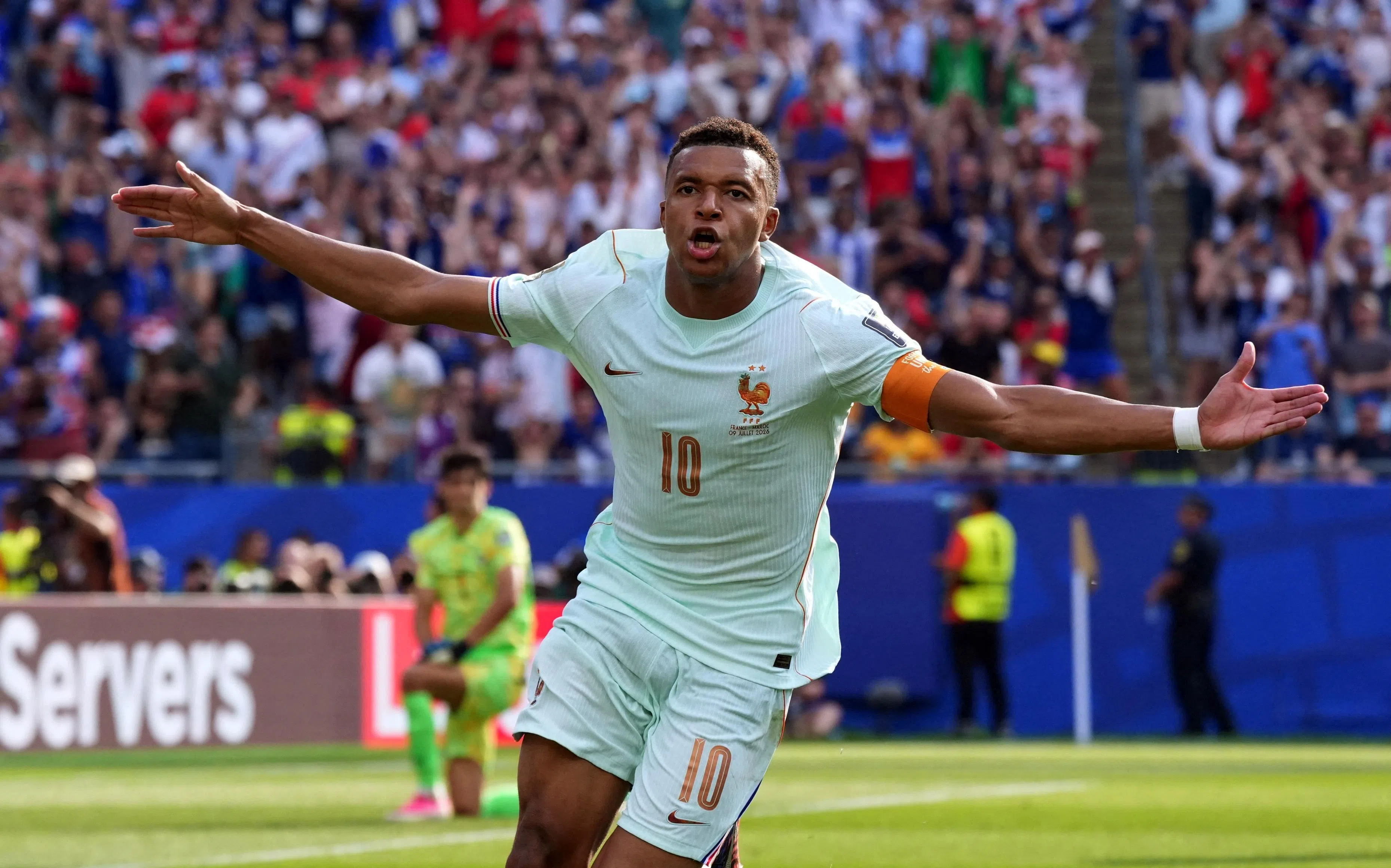 Soccer Football - FIFA World Cup 2026 - Quarter Final - France v Morocco - Boston Stadium, Foxborough, Massachusetts, U.S. - July 9, 2026
France's Kylian Mbappe celebrates scoring their first goal IMAGN IMAGES via Reuters/David Butler Ii