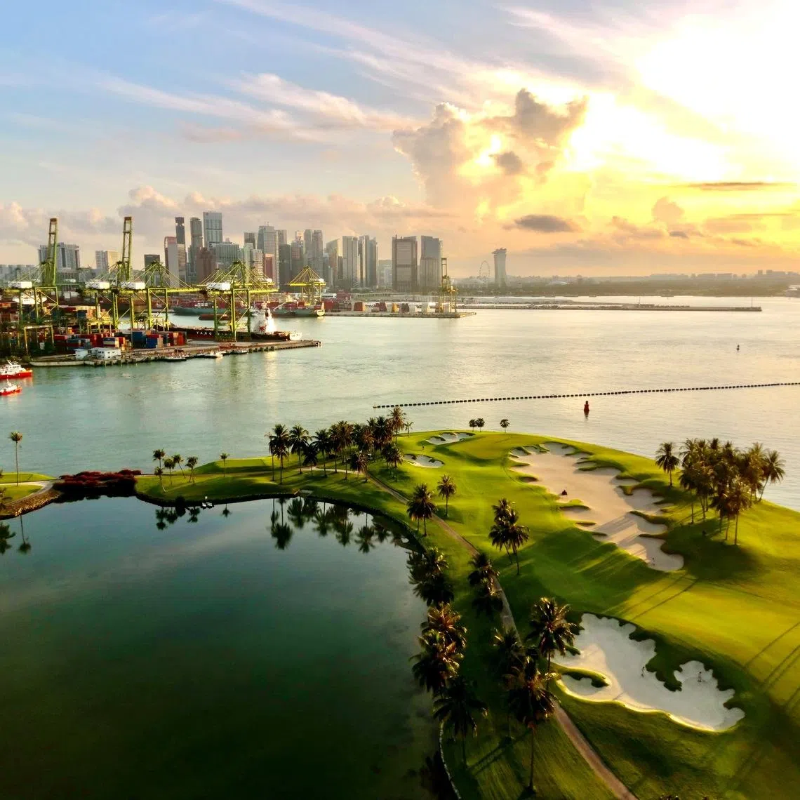 An aerial view of the fifth green of Sentosa Golf Club's award-winning Serapong course.
