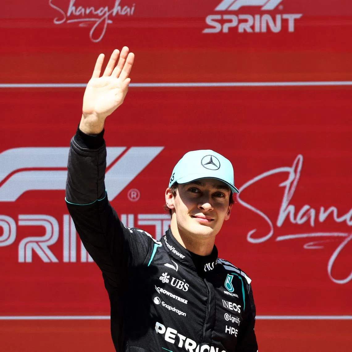 Formula One F1 - Chinese Grand Prix - Shanghai International Circuit, Shanghai, China - March 14, 2026 Mercedes' George Russell celebrates after winning the sprint race REUTERS/Jakub Porzycki