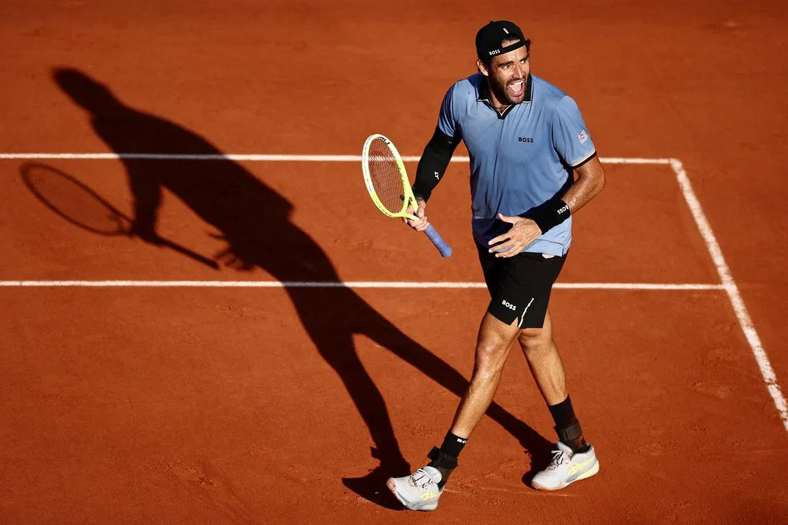 Tennis - French Open - Roland Garros, Paris, France - June 1, 2026 Italy's Matteo Berrettini celebrates winning his fourth round match against Argentina's Juan Manuel Cerundolo REUTERS/Guglielmo Mangiapane