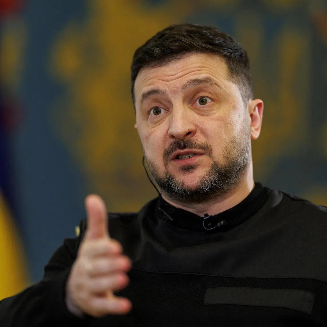 Ukrainian President Volodymyr Zelensky speaking during an interview with Reuters, in Kyiv, Ukraine, on March 25.