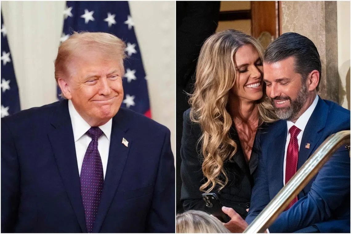 US President Donald Trump (left) said the Iran war made it “bad timing” for him to attend Donald Trump Jr’s wedding to Bettina Anderson (centre) in the Bahamas this weekend.