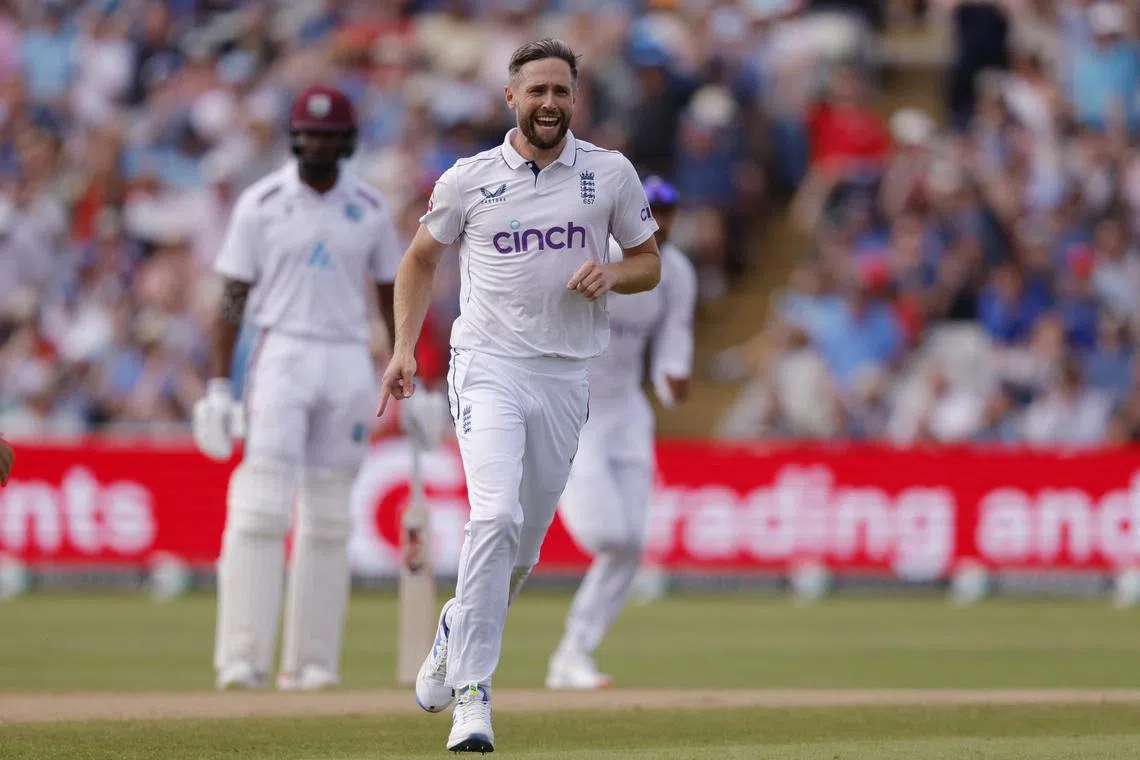 FILE PHOTO: Cricket - Third Test - England v West Indies - Edgbaston Cricket Ground, Birmingham, Britain - July 27, 2024 England's Chris Woakes celebrates after taking the wicket of West Indies' Kraigg Brathwaite Action Images via Reuters/Andrew Couldridge/File Photo