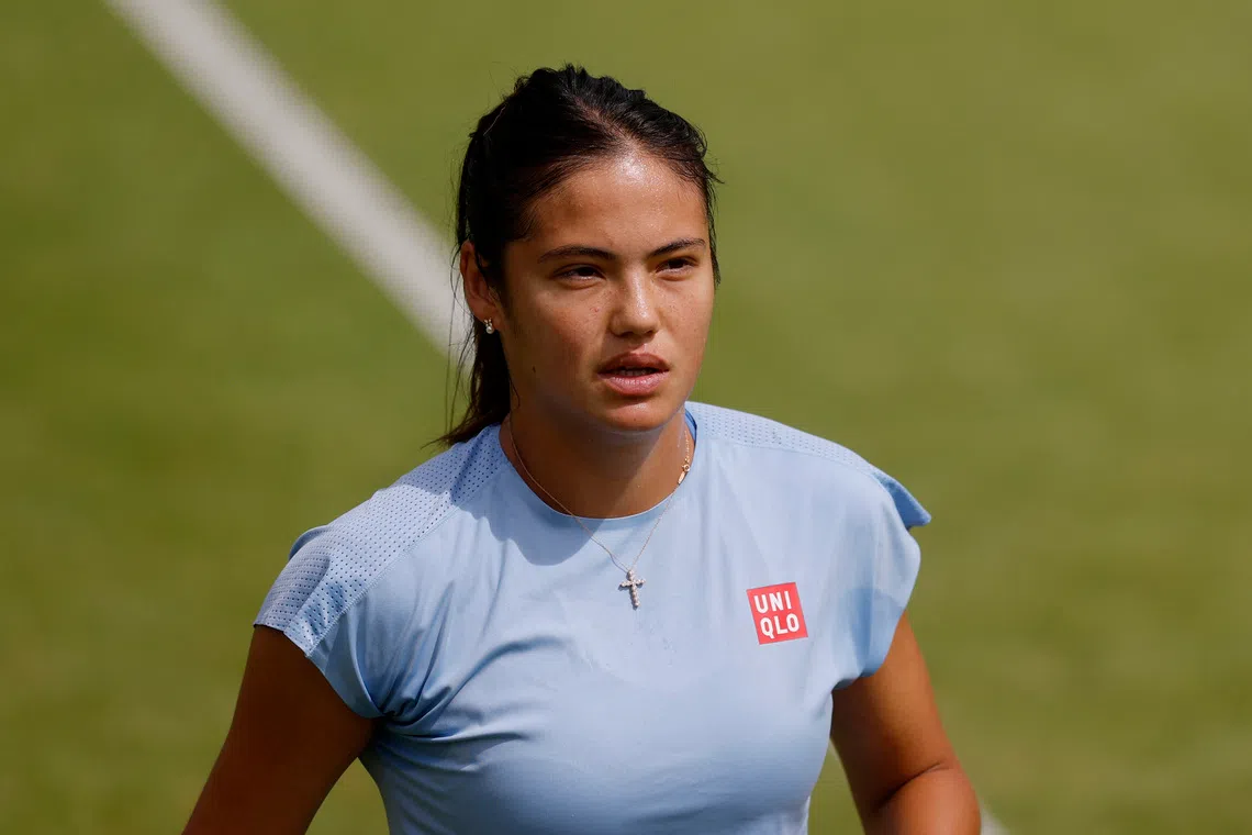 Britain’s Emma Raducanu during practice ahead of the Wimbledon tournament on June 28. The former champion has been struggling with injuries and illness this year.