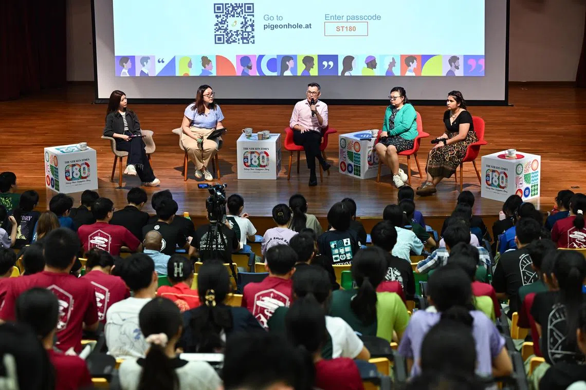 ST20250305-202554400771-Lim Yaohui-Syarafana Binte Muhammad Shafeeq-ssconvo05/
(From left) Host Juliana Yeow from Kiss92; Moderator Diane Leow, Editor of Newsroom Insights, ST; Speakers Jaime Ho, Editor of The Straits Times; Serene Luo, Editor of ST Schools; and Farzanah Friday, Senior Audience Growth Specialist from ST Social Media; speaking to JC2 students from different schools attending the second installment of the Conversations with The Straits Times at Temasek Junior College on Mar 5, 2025.
As part of ST's 180th anniversary, The Straits Times engage with the communities that contribute to journalism, and hear directly from participants about the issues they care about.
(ST PHOTO: LIM YAOHUI)
