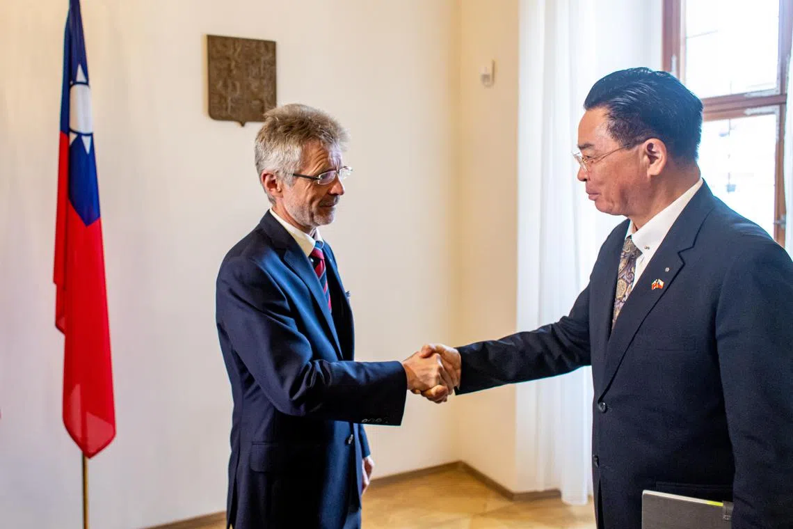 President of the Czech Senate Milos Vystrcil (L) and Taiwan's Foreign Minister Joseph Wu (R) met at the Czech Senate in Prague on June 13 2023.