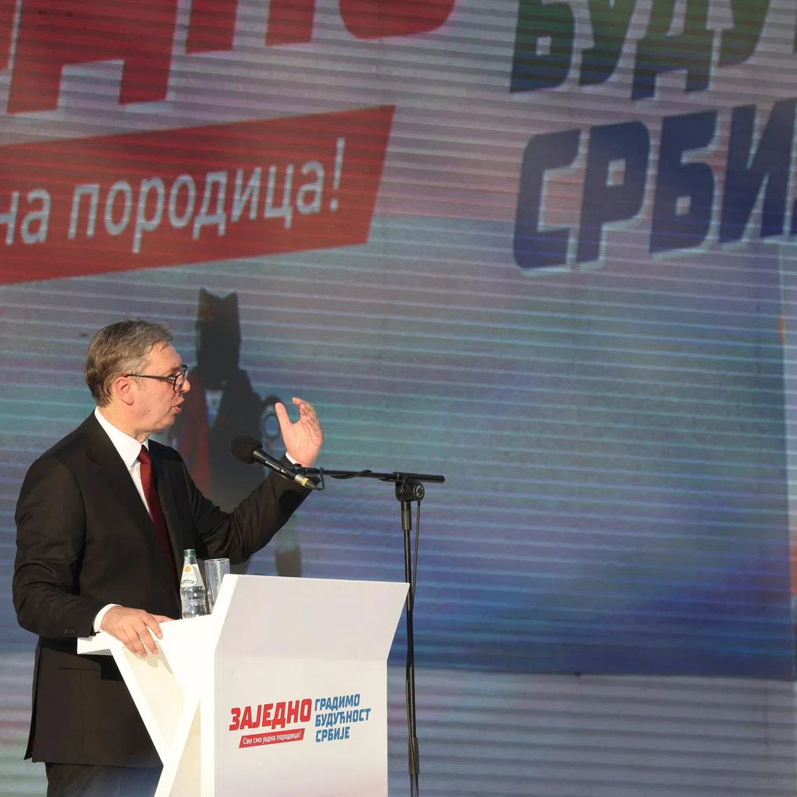 Serbian President Aleksandar Vucic speaks during a rally in Belgrade, Serbia, June 27, 2026. REUTERS/Djordje Kojadinovic