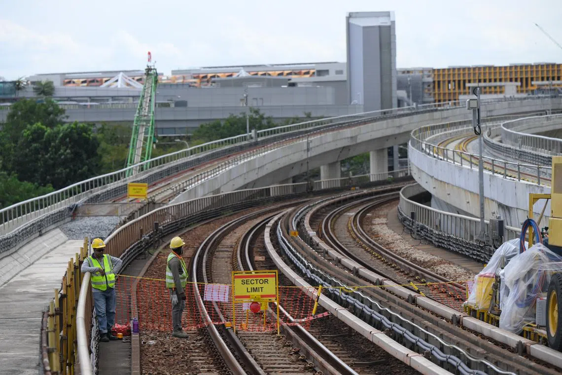 Works being carried out on the Tanah Merah viaduct to connect tracks from the East-West Line to the new East Coast Integrated Depot on Dec 8.