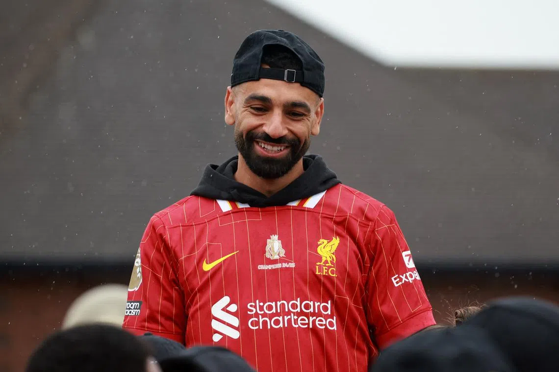 Soccer Football - Premier League - Liverpool Victory Parade - Liverpool, Britain - May 26, 2025 Liverpool's Mohamed Salah reacts during the Victory Parade after winning the Premier League REUTERS/Phil Noble/File Photo