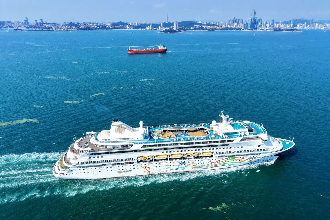 The Blue Dream Melody cruise ship bound for Japan on Jiaozhou Bay, Qingdao, Shandong, China on Aug 11.