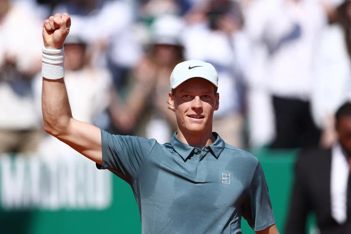 Tennis - ATP Masters 1000 - Monte Carlo Masters - Monte Carlo Country Club, Roquebrune-Cap-Martin, France - April 9, 2026 Italy's Jannik Sinner celebrates winning his round of 16 match against Czech Republic's Tomas Machac REUTERS/Manon Cruz