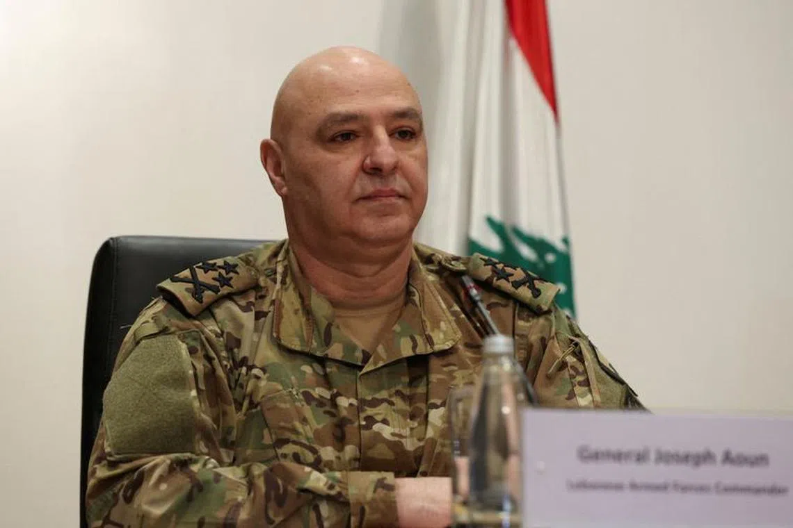 FILE PHOTO: Lebanon's Army chief General Joseph Aoun, attends a news conference to launch a Livelihood Support Program for the Lebanese army and Internal Security Forces (ISF) hosted by the United Nations Development Programme (UNDP) in partnership with the U.S. Embassy in Beirut, at the U.N. headquarters in Beirut, Lebanon January 25, 2023. REUTERS/Mohamed Azakir/File Photo