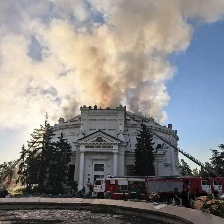 Firefighters extinguish a fire at the \"Panorama of the Defence of Sevastopol\" museum, which, according to local authorities, was damaged in a Ukrainian drone attack in the course of Russia-Ukraine conflict in Sevastopol, Crimea, in this image released on June 10, 2026. Governor of Sevastopol Mikhail Razvozhayev/Handout via REUTERS