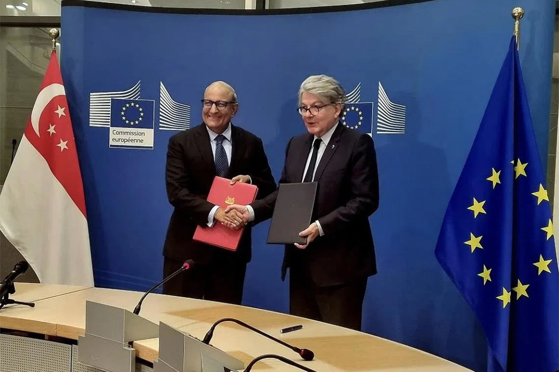 Minister-in-charge of Trade Relations S Iswaran and European Commissioner for Internal Market Thierry Breton at the signing of the EU-Singapore Digital Partnership in Brussels on Wednesday.