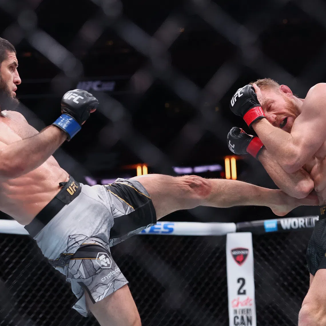 Nov 15, 2025; New York, NY, UNITED STATES; Islam Makhachev (blue gloves) fights Jack Della Maddalena (red gloves) in the welterweight championship bout during UFC 322 at Madison Square Garden. Ed Mulholland-Imagn Images