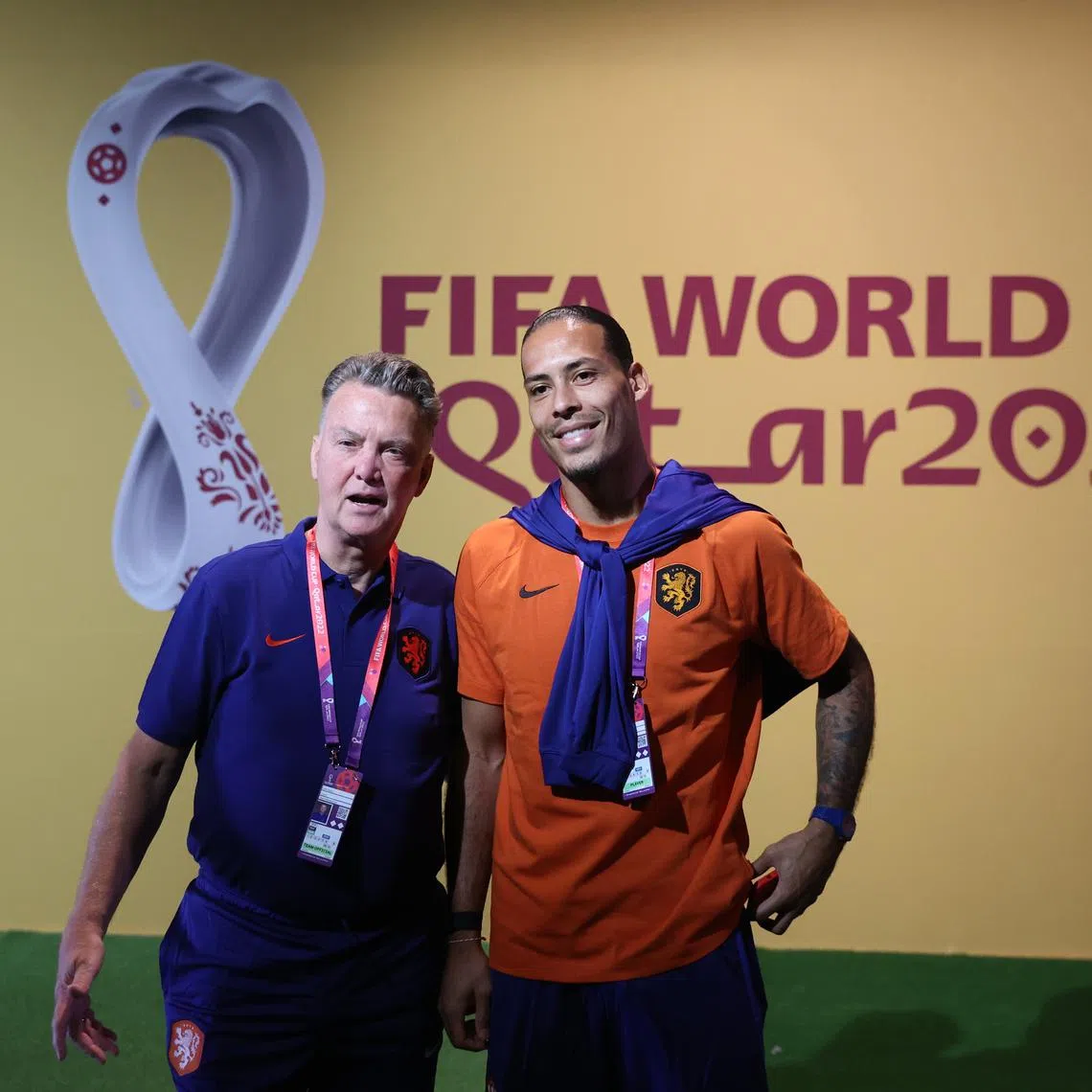 Netherlands coach Louis van Gaal (left) and Virgil van Dijk speaking ahead of their side's World Cup Group A clash with Senegal on Monday.