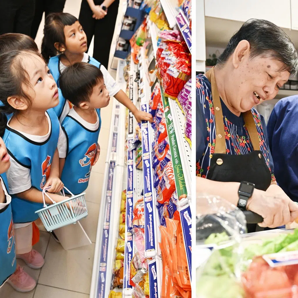 Preschoolers and seniors looking at fresh produce and learning to how to buy and prepare fresh food