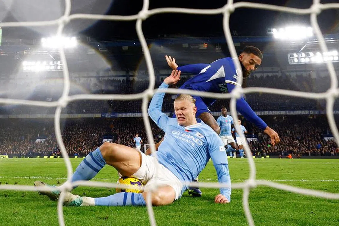 Soccer Football - Premier League - Chelsea v Manchester City - Stamford Bridge, London, Britain - November 12, 2023 Manchester City's Erling Braut Haaland scores their third goal Action Images via Reuters/John Sibley/ File Photo