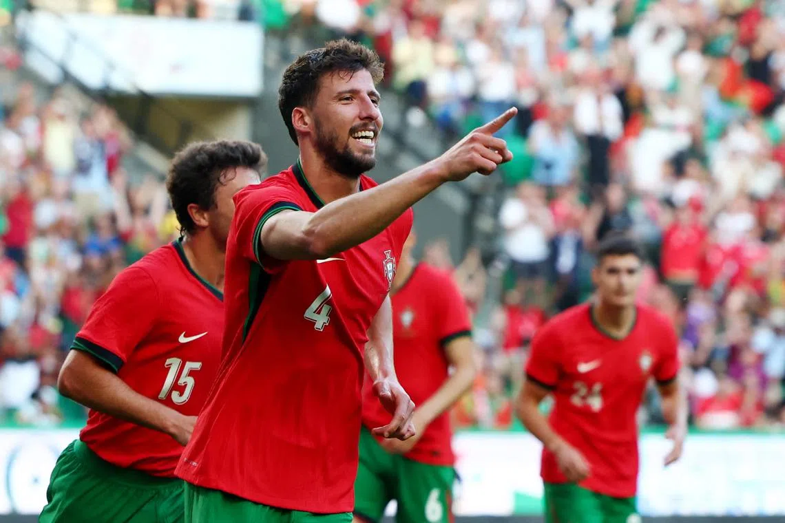 Soccer Football - International Friendly - Portugal v Finland - Estadio Jose Alvalade, Lisbon, Portugal - June 4, 2024 Portugal's Ruben Dias celebrates scoring their first goal REUTERS/Pedro Nunes