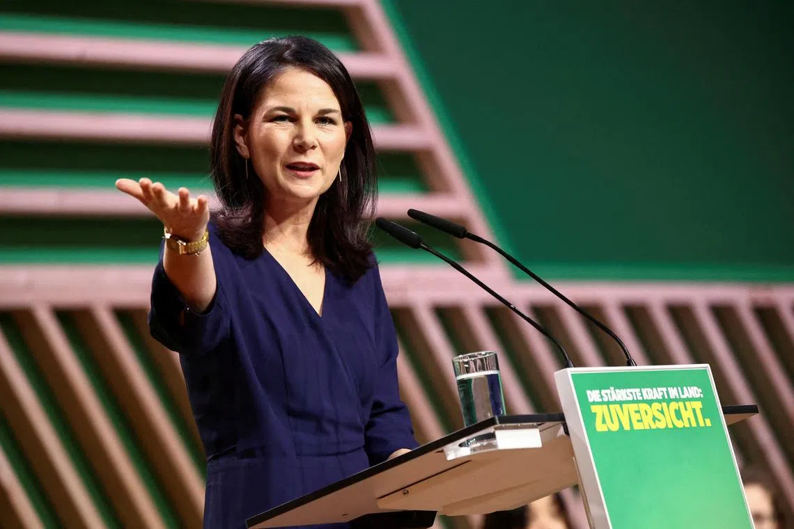 FILE PHOTO: German Foreign Minister Annalena Baerbock speaks at a party convention in Berlin, Germany, January 26, 2025. REUTERS/Liesa Johannssen/File Photo
