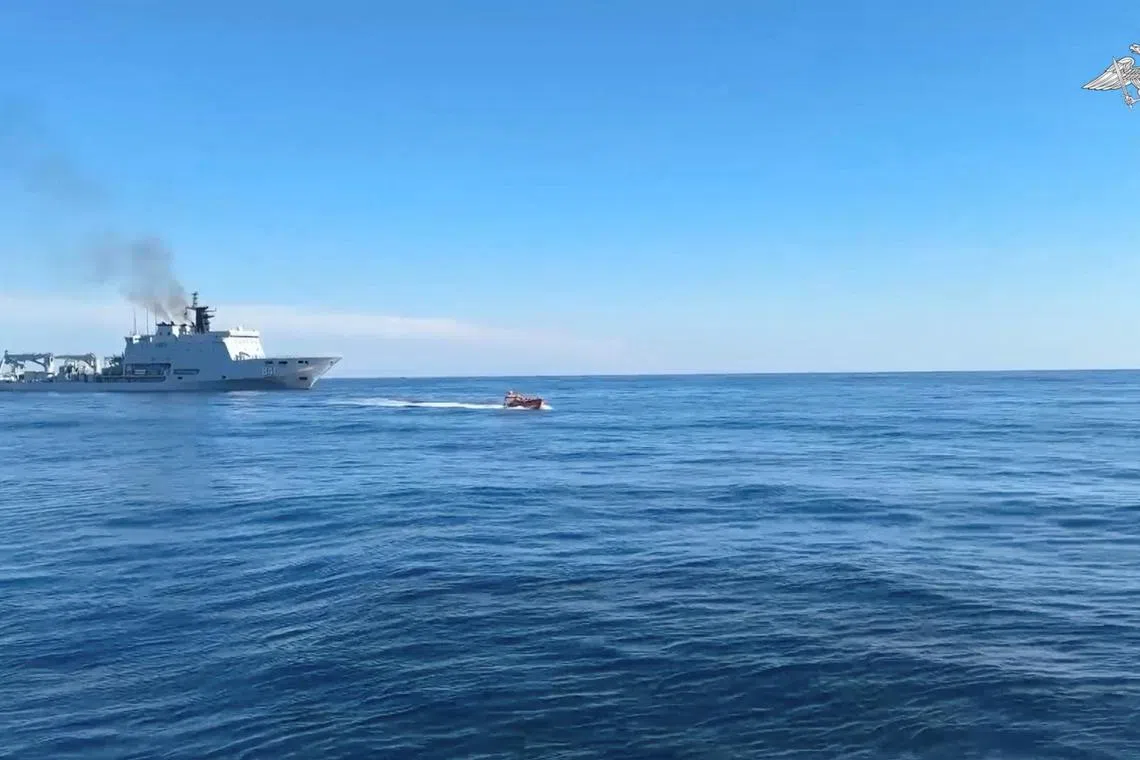 FILE PHOTO: The Chinese Navy submarine rescue vessel Xihu takes part in joint search and rescue drills with the Russian Navy as part of the exercises \"Maritime Interaction-2025\", in the Sea of Japan, in this still image taken from video released August 5, 2025. Russian Defence Ministry/Handout via REUTERS/File Photo