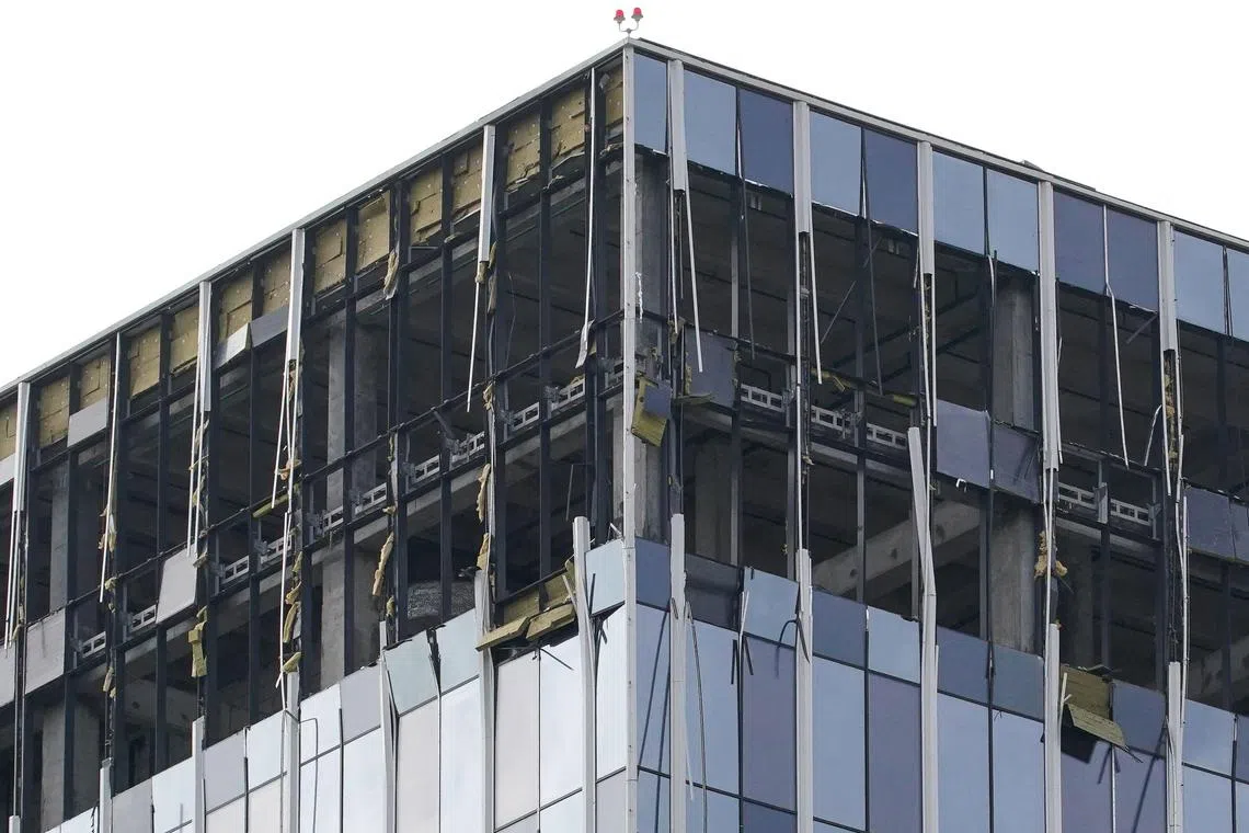 A view of a damaged business centre on Likhacheva Street after a reported drone attack in Moscow on Monday. 