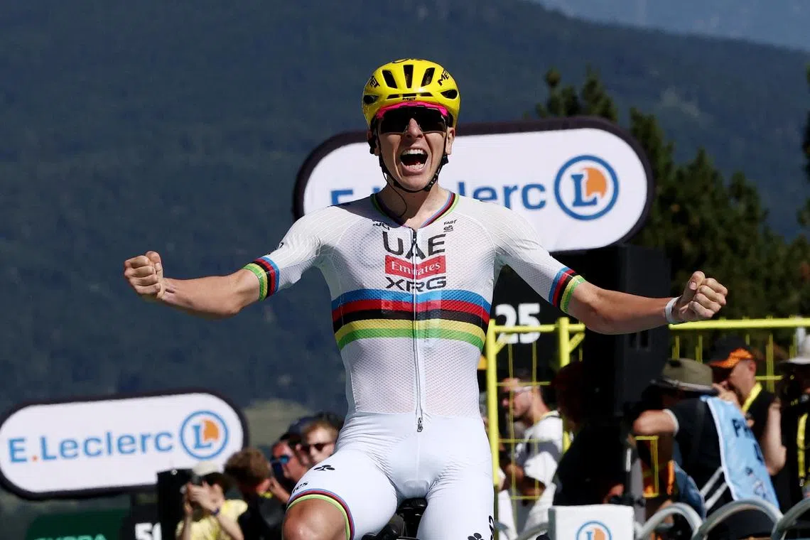 Cycling - Tour de France - Stage 3 - Granollers to Les Angles - Les Angles, France - July 6, 2026  UAE Team Emirates - XRG's Tadej Pogacar celebrates winning stage 3 REUTERS/Gonzalo Fuentes