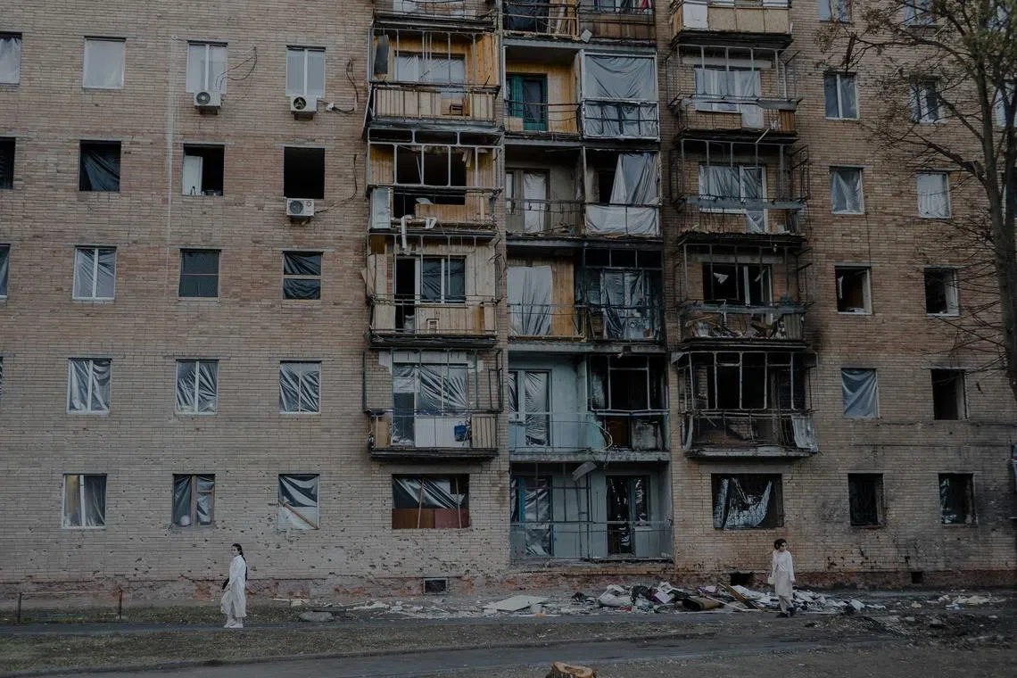 Apartments damaged by falling missile debris in Kursk, Russia, on Aug 13.