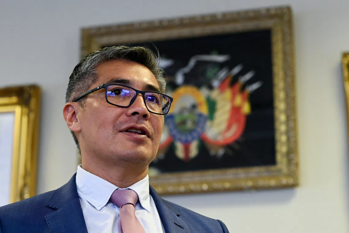FILE PHOTO: Minister of Economy Jose Gabriel Espinoza speaks during an interview with Reuters, in La Paz, Bolivia, November 24, 2025. REUTERS/Claudia Morales/File Photo