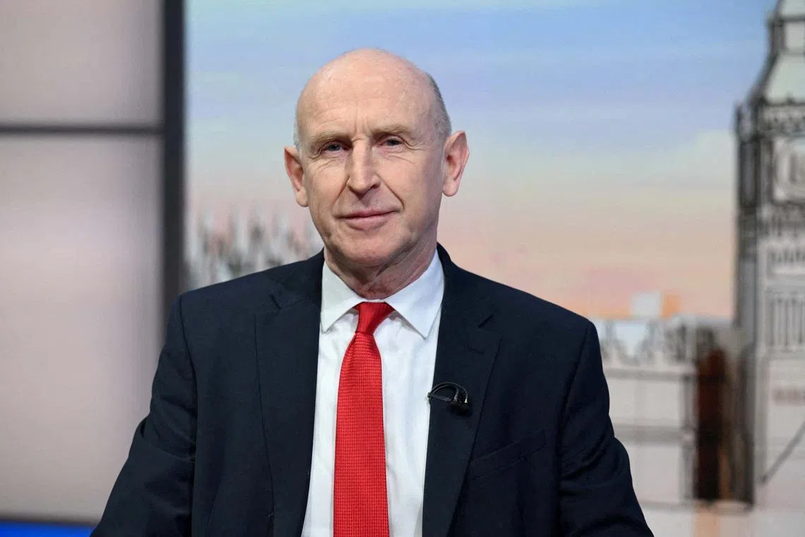 FILE PHOTO: Britain's Defence Secretary John Healey appears on the BBC's programme, Sunday with Laura Kuenssberg in London, Britain, March 1, 2026. JEFF OVERS/BBC/Handout via REUTERS/File Photo
