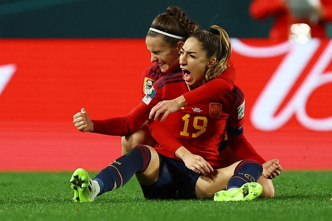 Spain's Olga Carmona (#19) celebrating after scoring her team's second goal against Sweden on Aug 15.