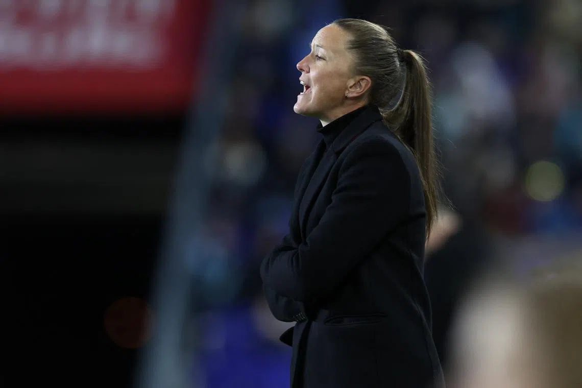 FILE PHOTO: Mar 15, 2024; Harrison, New Jersey, USA; San Diego Wave FC head coach Casey Stoney watches game action against NJ/NY Gotham FC during the first half of the Challenge Cup match at Red Bull Arena. Mandatory Credit: Vincent Carchietta-USA TODAY Sports/File Photo