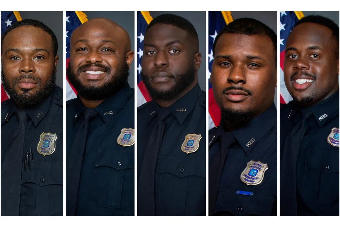 (From left) Officers Demetrius Haley, Desmond Mills, Jr., Emmitt Martin III, Justin Smith and Tadarrius Bean.