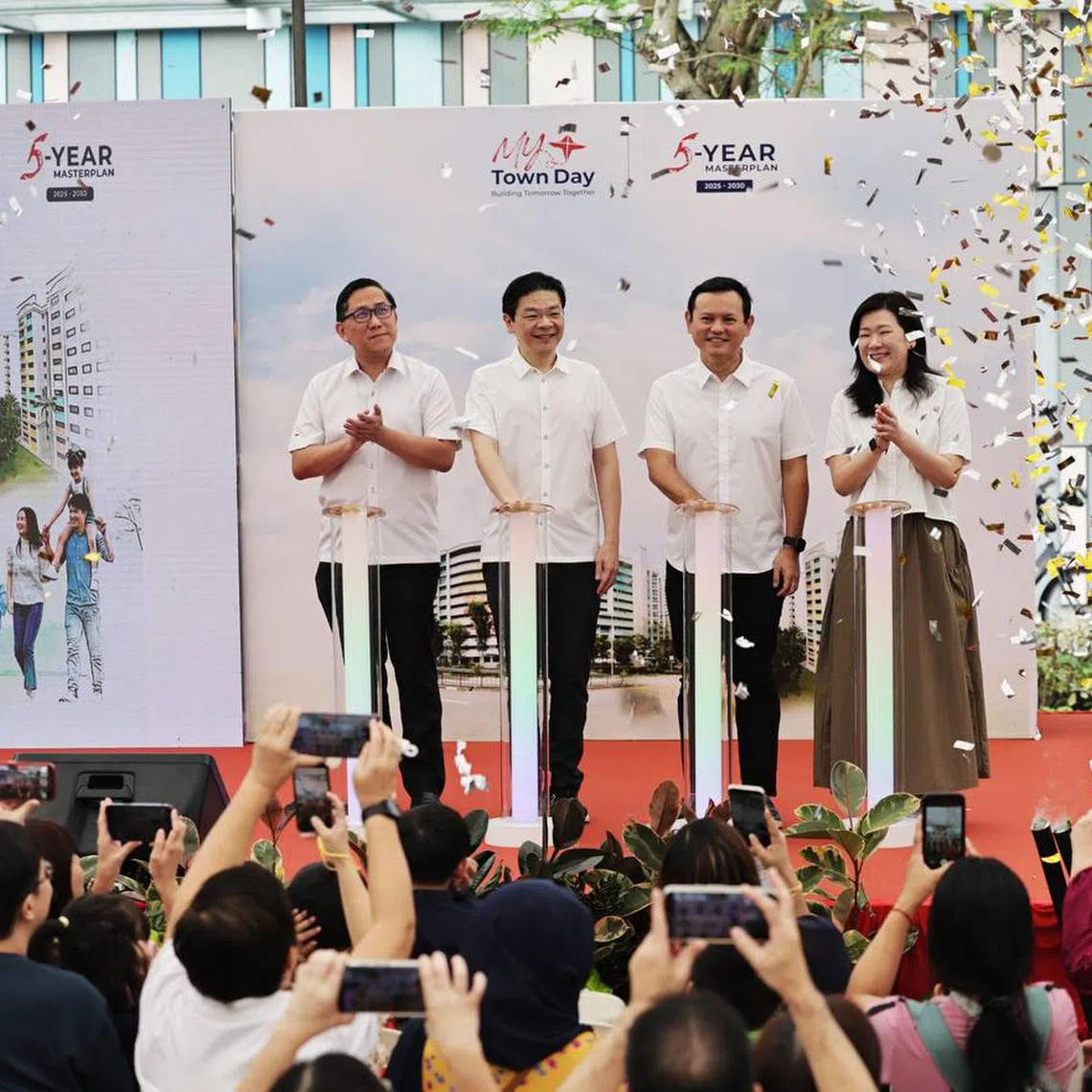 (From left) Marsiling-Yew Tee GRC MPs Alex Yam, PM Lawrence Wong, Zaqy Mohamad and Hany Soh at its inaugural MY Town Day on April 5.