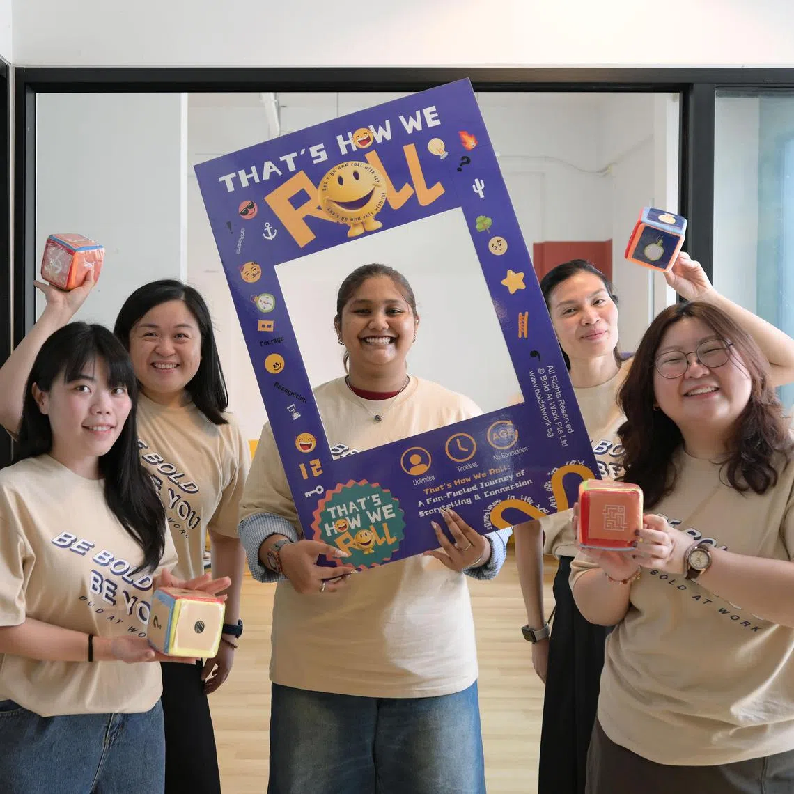 (L-R) Co-founder of Bold At Work, Clarice Song, 38, project coordinator, Jocelyn Teo, 37, intern Siti Al' Mira, 21, co-founder Hong Ruoyi, 37, and project coordinator Gena Tay, 28.