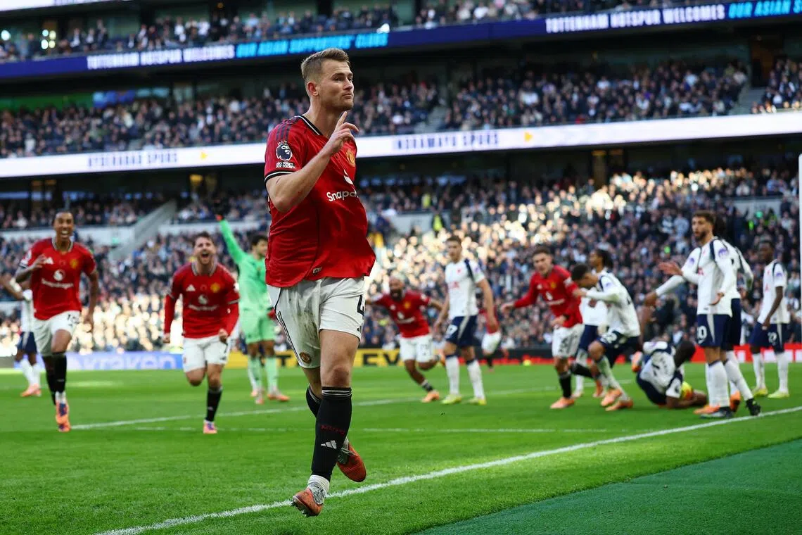 Manchester United's Matthijs de Ligt celebrates scoring their second goal in the 2-2 Premier League draw against Tottenham Hotspur.