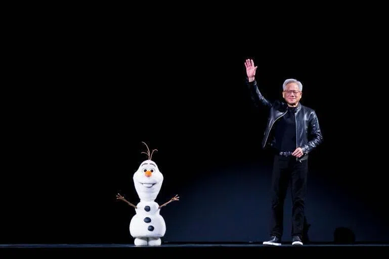 Olaf of Disney's Frozen franchise appearing on stage with Jensen Huang at Nvidia's annual developer conference, where Mr Huang showcased his company's expansion into new tech sectors, including AI-powered robotics. 