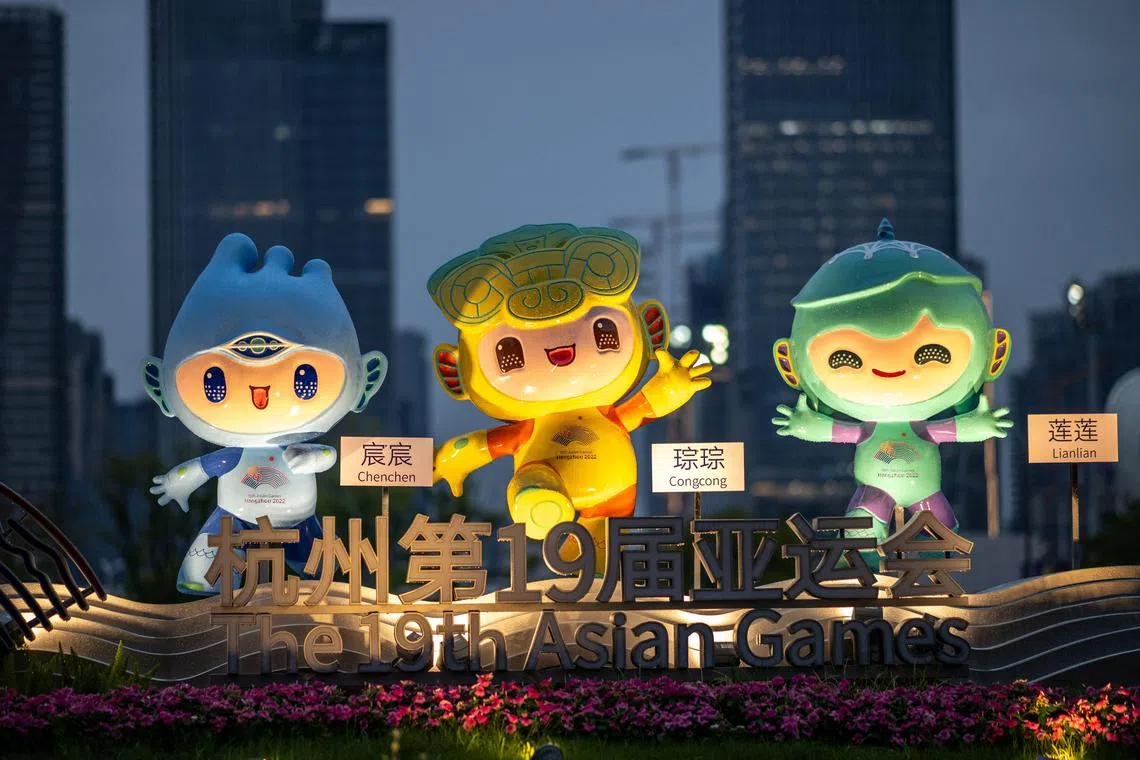 The official mascots of the Asian Games (from left) Chenchen, Congcong and Lianlian are seen ahead of the games in Hangzhou.