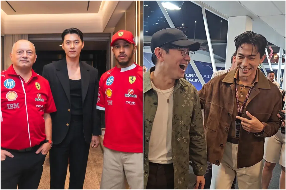 South Korean actor Hyun Bin (left, in black) posing with Lewis Hamilton; and singer JJ Lin and actor Desmond Tan (right) were among stars attending the Singapore Grand Prix.
