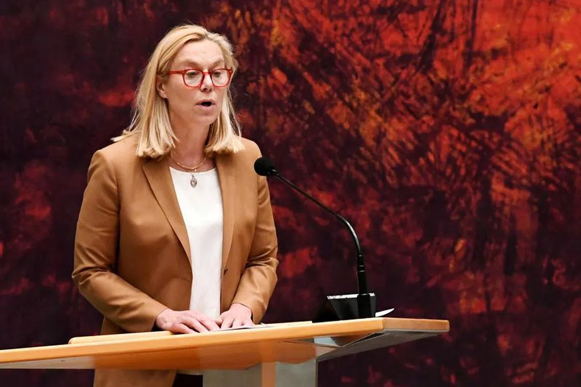 Sigrid Kaag, Dutch minister for foreign trade and development cooperation, speaks during a debate over remarks Prime Minister Mark Rutte made during talks to form a new government following the March 17 national elections, in The Hague, Netherlands April 2, 2021. REUTERS/Piroschka van de Wouw/File Photo