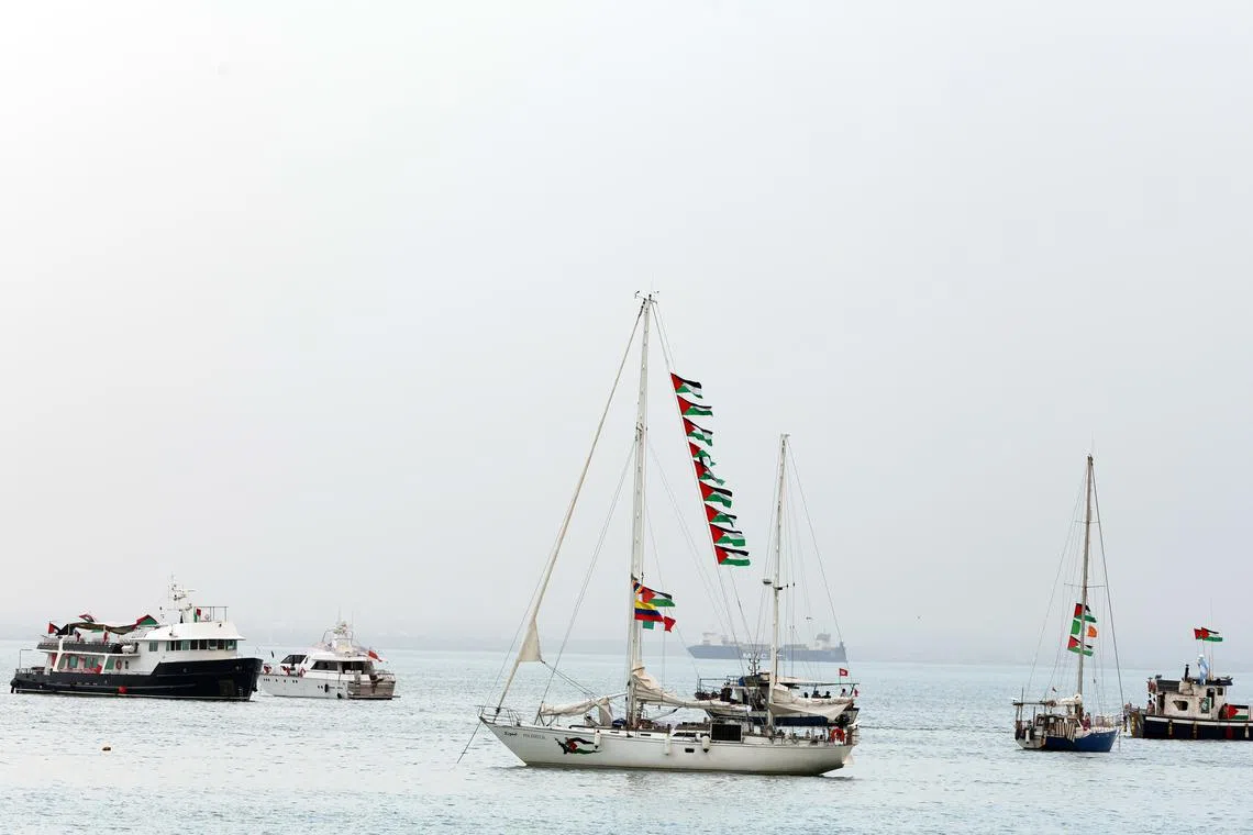 Vessels, part of the Global Sumud Flotilla, off the coast of Sidi Bou Said, Tunisia, on Sept 8.