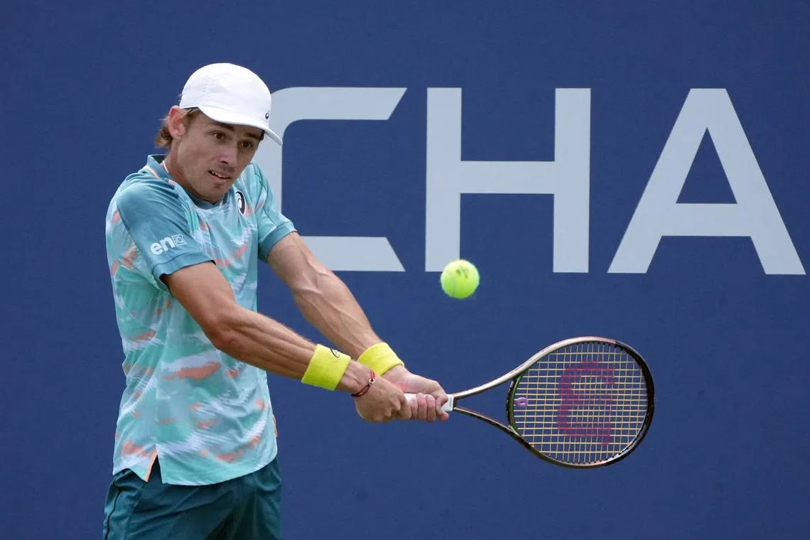 FILE PHOTO: Aug 31, 2022; Flushing, NY, USA;  Alex de Minaur of Australia hits a shot against Cristian Garin of Chile on day three of the 2022 U.S. Open tennis tournament at USTA Billie Jean King Tennis Center. Mandatory Credit: Jerry Lai-USA TODAY Sports/File Photo