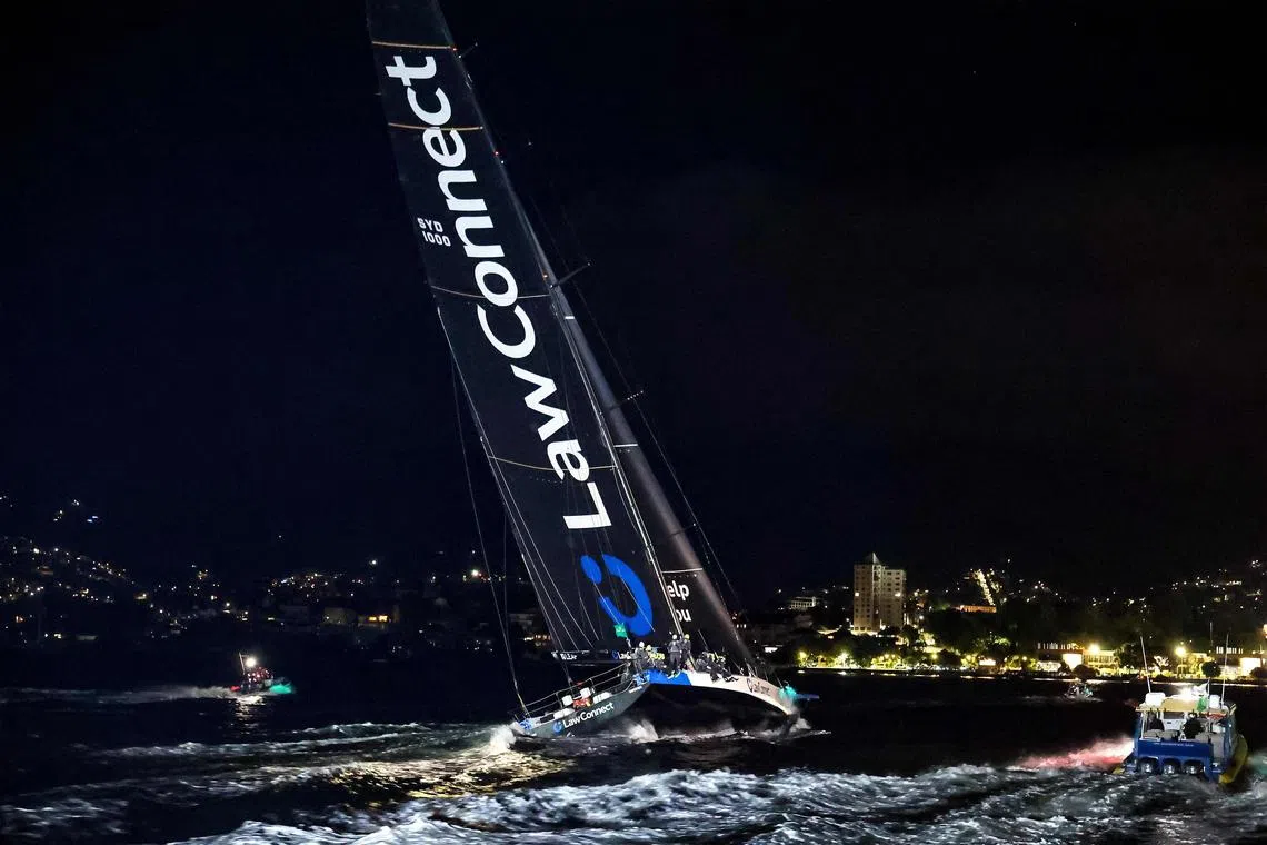 LawConnect claiming line honours victory in the 2024 Sydney to Hobart yacht race in Hobart. 