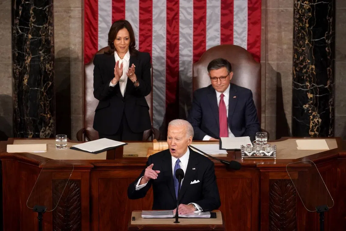 US President Joe Biden (centre) delivering his State of the Union address at the US Capitol in Washington, DC, on March 7, 2024.