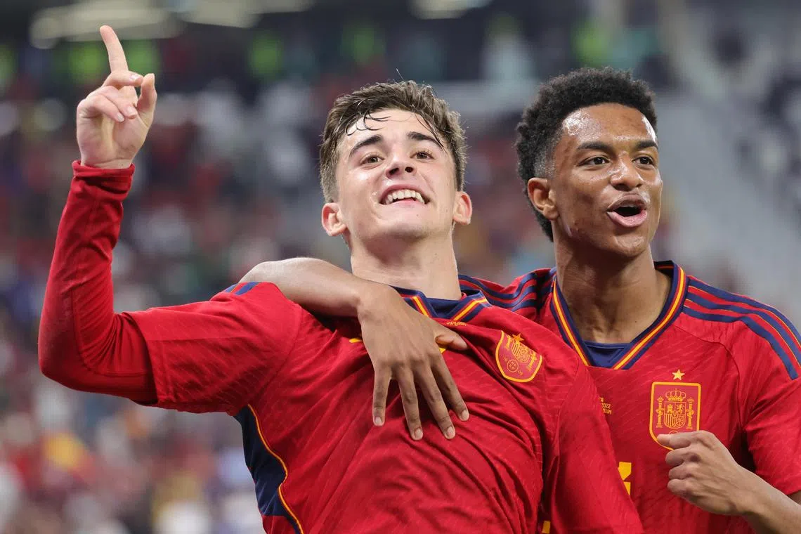 Gavi (left) celebrates scoring Spain's fifth goal against Costa Rica.