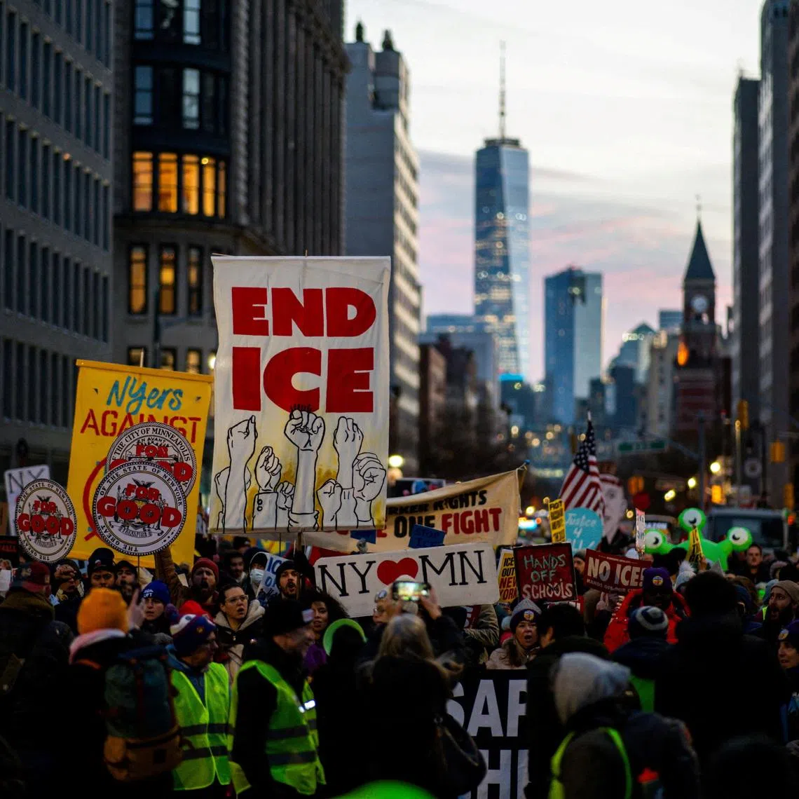 FILE PHOTO: People take part in a protest in solidarity with Minneapolis and against U.S. President Donald Trump and U.S. Immigration and Customs Enforcement (ICE), in New York City, U.S., January 23, 2026. REUTERS/Eduardo Munoz/File Photo